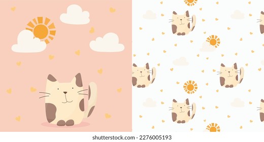 Set of cards and seamless backgrounds with a cat. Cute children's pattern. Postcard with a cat. Cute kitty