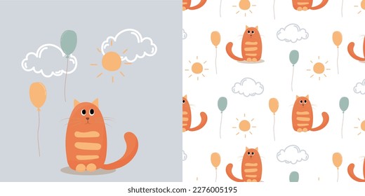 Conjunto de tarjetas y fondos sin costura con un gato. Un lindo patrón de niños. Postal con un gato. Batito