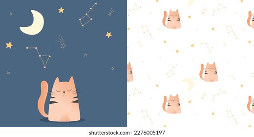 Set of cards and seamless backgrounds with a cat. Cute children's pattern. Postcard with a cat. Cute kitty