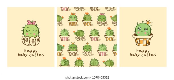 Set of cards and seamless pattern with hand drawn kawaii cactuses.  Background for textile, surface, fabric, wallpapers, scrapbooking. Vector illustration.