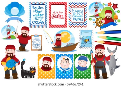 Set of cards and seamless patterns with fishermen. Illustrations for registration of board games, seafood, themed shops.