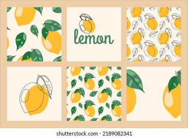 Set of cards and seamless patterns with lemons. Flat minimalist paper cut style. Bright summer background. Collage modern fabric, wallpaper, cover, interior art print.
