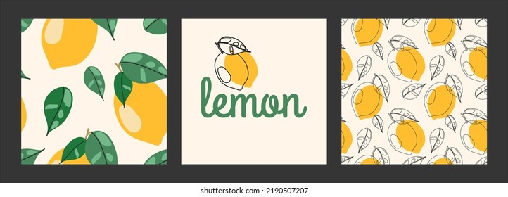 Juego de tarjetas y patrones sin fisuras con limones. Estilo de corte minimalista de papel plano. Luminoso fondo de verano. Collage de tejidos modernos, papel pintado, cubierta, estampado de arte interior.
