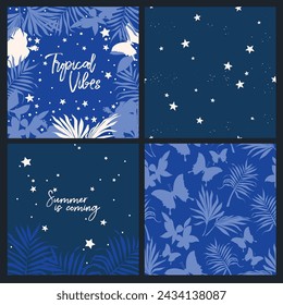 Set of cards and seamless patterns for summer tropical nights, vector illustration