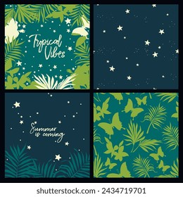 Set of cards and seamless patterns for summer tropical nights, vector illustration