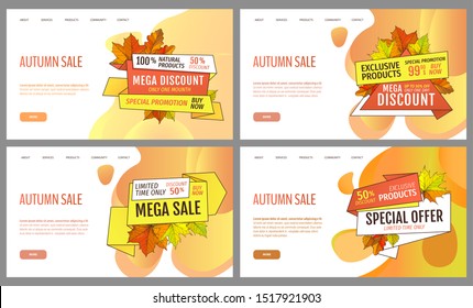 Set of cards with seasonal proposition from store, vector. Shop sale in autumn. Autumnal offer discounts. Fall leaves with gold tags. Flyer hot price and lowered cost, promotion premium quality goods