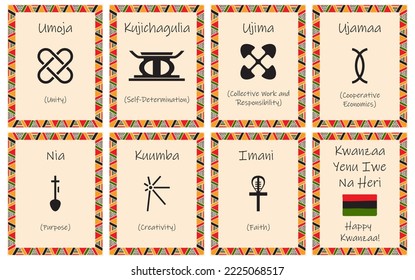 A set of cards with seven signs of the Kwanzaa principles. Symbol with names in Swahili. Poster with an ethnic African pattern in traditional colors. Vector illustration