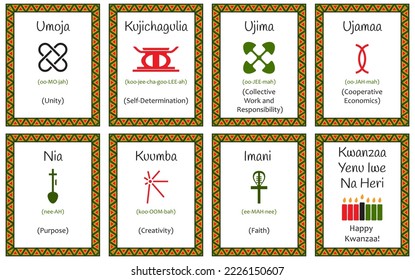 A set of cards with seven signs of the Kwanzaa principles. Symbol with names in Swahili and description. Poster with an ethnic African pattern in traditional colors. Vector illustration