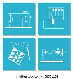 Set of cards with sewing machine, needle. The white line on blue background. Vector illustrations of objects for tailoring, handicraft, hand made. It can be used for packaging, label, emblem.