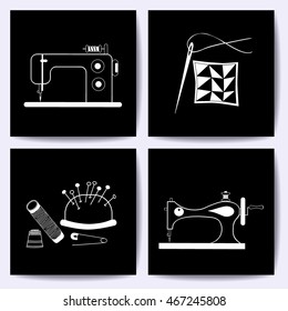 Set of cards with sewing machine, needle. The white line on blackboard. Vector illustrations of objects for tailoring, handicraft, hand made. It can be used for packaging, label, emblem.
