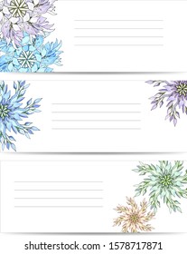 Set of cards for signatures with an ornament of flowers. Frame for text with stylized snowflakes on a white background.