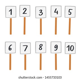 Set of cards or signs with numbers. Vector illustration can be used for competition, tournament or contest, news, infographics, banner, votes of judges