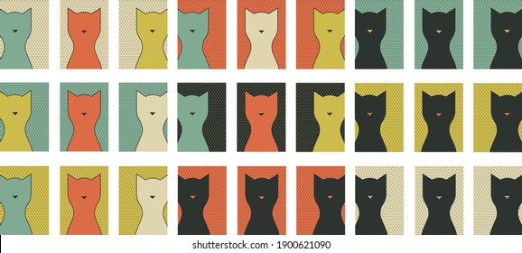 Set of cards with simple cat silhouette motive suitable for greeting cards, posters, covers - contemporary vector illustration