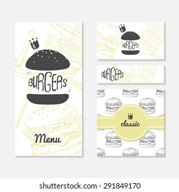 Set of cards with sketched burger. Fast food restaurant branding. Template menu, business card, banner, wrapping paper in vector. Illustration with place for text