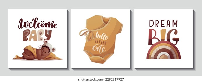 Set of cards with sleeping baby girl, bodysuit, handwritten text. Newborn, Childbirth, Baby care, babyhood, childhood, infancy concept. Square Vector illustration for card, postcard, cover.