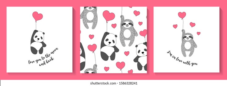 A set of cards with sloth and panda and seamless pattern. Vector illustration. Valentine's day