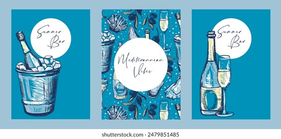 Set of cards for sparkling wine menu, can be used for summer gastronomic and wine festivals, sketch style vector illustration