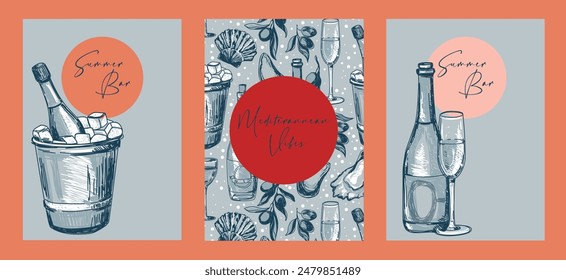 Set of cards for sparkling wine menu, can be used for summer gastronomic and wine festivals, sketch style vector illustration