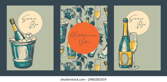 Set of cards for sparkling wine menu, can be used for summer gastronomic and wine festivals, sketch style vector illustration