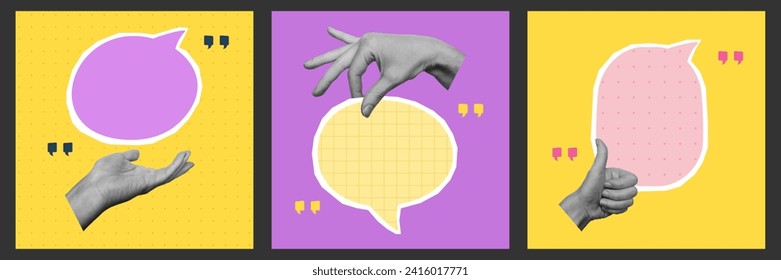 Set of cards with speech bubbles and hands. Empty space for quote, plan and idea. Social media communication. Vector illustration