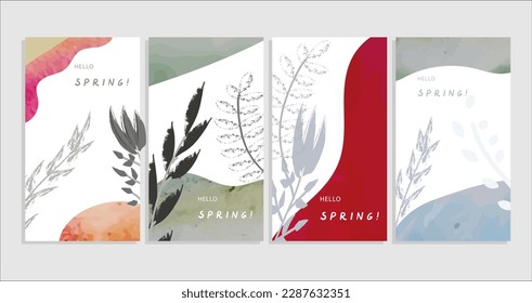 set of cards with spring branches, flowers