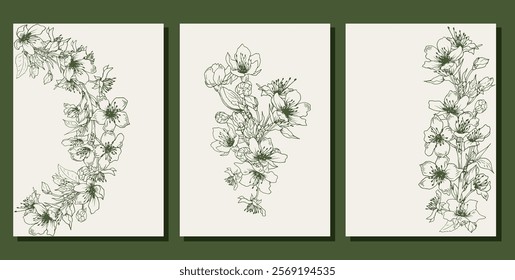 Set of cards with spring cherry blossom. Hand drawn line art vector illustration.