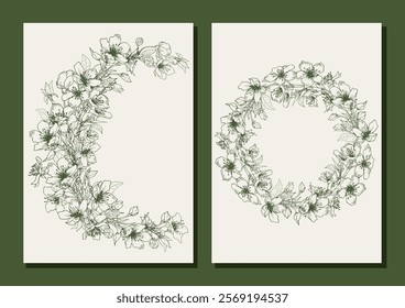 Set of cards with spring cherry blossom. Hand drawn line art vector illustration.