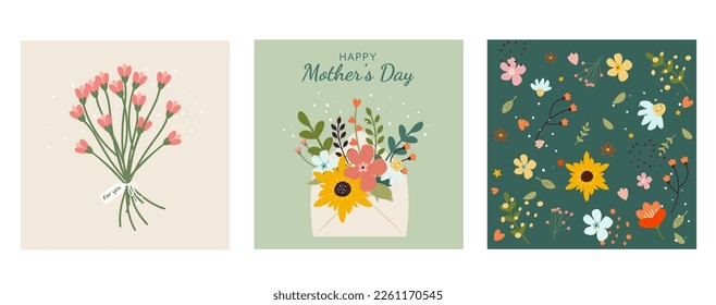 Set of cards with spring flowers, leaves and bouquets. Greeting card, poster, baner .Vector