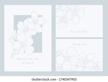 Set cards with spring flowers. Sketch Floral Botany Collection. Apple tree branch with flower drawings. Black and white with line art on white backgrounds. Hand Drawn Botanical Illustrations.