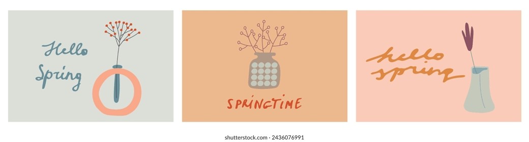 A set of cards for the springtime. Spring flowers in vases. Congratulation