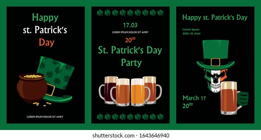 Set of cards for St. Patrick's Day. Skull in a hat, glasses with beer, a pot of gold. Design elements for cards, flyers, banner.