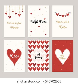 Set of cards for st. Valentine day. Red and white hearts, love letters.