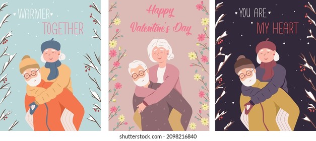 Set of cards for St. Valentine's Day. Portrait of a happy adult couple. Colored flat vector illustration of grandparents. The elderly man and woman are happy in retirement.