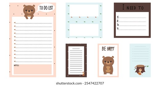 Set of cards and stickers with a cute bear. For notes for every day. On a white background.