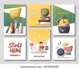 Set Of Cards With Study Supplies For Studying, Education, Learning, Back To School, Student, Stationery. Vector Illustration For Poster, Banner, Flyer, Card, Cover.