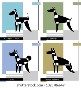 Set of cards with the stylized dog breeds of Airedale Terrier, Doberman, Laika and German Shepherd on a graphic background. Vector Illustration