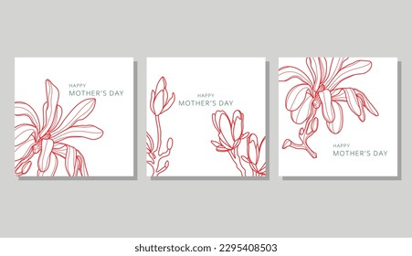 Establece las cartas con magnolia estilizada en un fondo blanco. Feliz Día de la Madre. Tarjetas de regalo. Objeto, pegatina, logotipo, emblema, impresión, tarjeta, material publicitario. Ilustración vectorial.