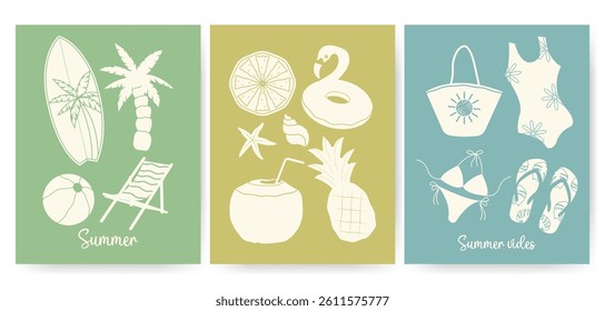Set of cards for summer. Modern abstract prints with flamingos, pineapple, tropic leaves, cocktails, plum tree, beach accessories template for poster, banner	
