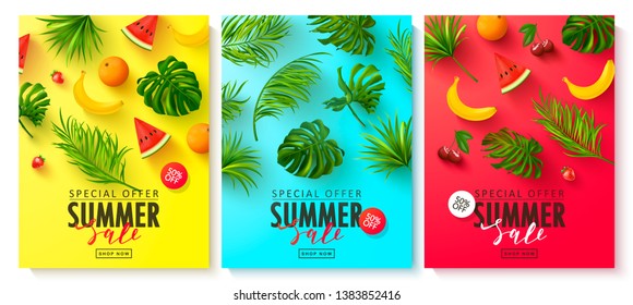 Set of cards Summer Sale.Beautiful Background with banana,strawberry,orange,watermelon and tropical leaves. Vector illustration for website , posters,ads, coupons, promotional material.