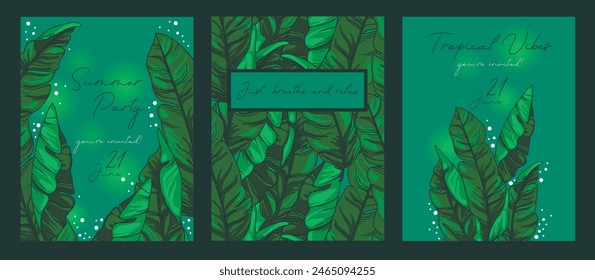 Set of cards for summer tropical vibes with leaves decoration, can be used for birthday party, vector illustration