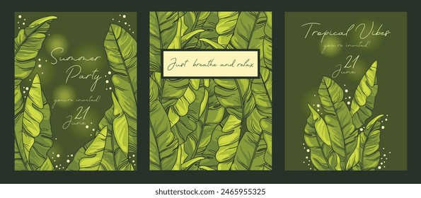 Set of cards for summer tropical vibes with leaves decoration, can be used for birthday party, vector illustration