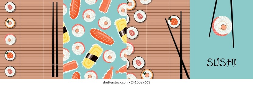 Set of cards with sushi in flat style. Chopsticks and nigiri on blue background. Traditional asian food collection. Seamless pattern and backdrops for banners