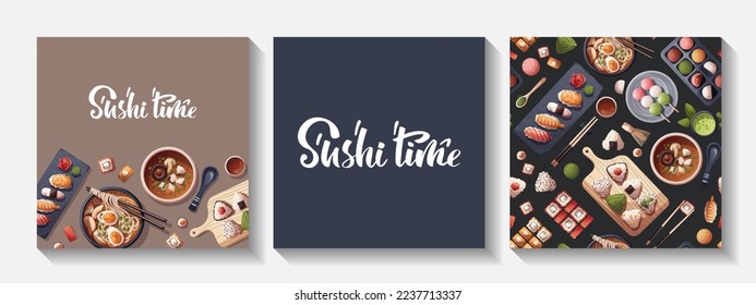 Set of cards with Sushi, Miso soup, ramen, onigiri, dango, mochi, matcha. Japanese food, healthy eating, cooking, menu concept. Vector illustration. Square card, cover, poster.