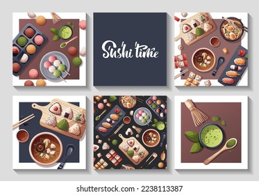 Set of cards with Sushi, Miso soup, ramen, onigiri, dango, mochi, matcha. Japanese food, healthy eating, cooking, menu concept. Vector illustration. Square card, cover, poster.