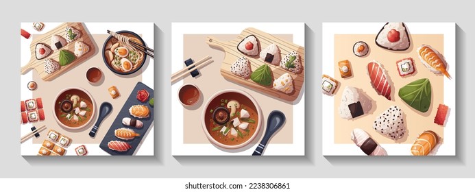 Set of cards with Sushi, Miso soup, ramen, onigiri. Japanese food, healthy eating, cooking, menu concept. Vector illustration. Square card, cover, poster.