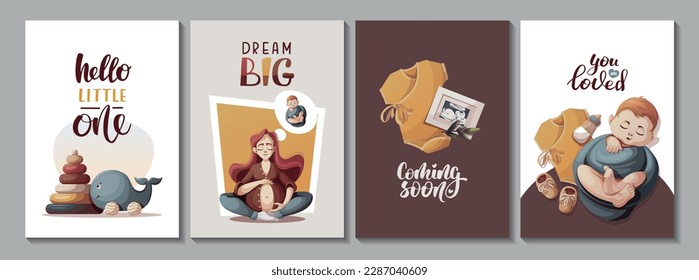 Set of Cards with swaddled baby boy, bodysuit, pregnant woman. Handwritten text. Newborn, Childbirth, Baby care, babyhood, childhood, infancy concept. Vector illustration for card, postcard, cover.