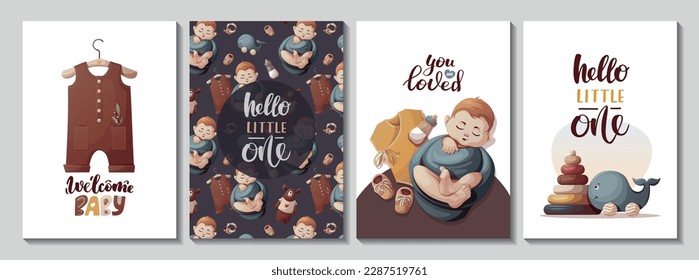 Set of cards with swaddled baby boy, toys, bodysuit. Handwritten text. Newborn, Childbirth, Baby care, babyhood, childhood, infancy concept. Vector illustration for card, postcard, cover.