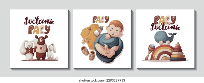 Set of cards with swaddled baby boy, teddy bear, baby wooden toys. Handwritten text. Newborn, Childbirth, Baby care, babyhood, childhood concept. Square Vector illustration for card, postcard, cover.