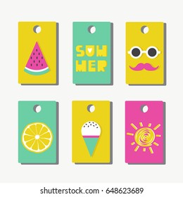 Set of cards with symbols of summer season and english text. Colorful backdrop vector with fruits, sun, ice cream, glasses and mustache. Decorative illustration, symbol of the vacation time