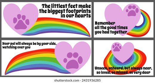Set of cards with sympathy phrases about the loss of a pet, a rainbow bridge and a heart with a paw print vector illustration